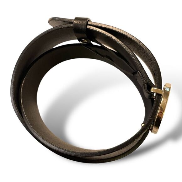 GUCCI Womens Champagne Gold G Buckle Black Leather Belt |Size: 32”| main image 8
